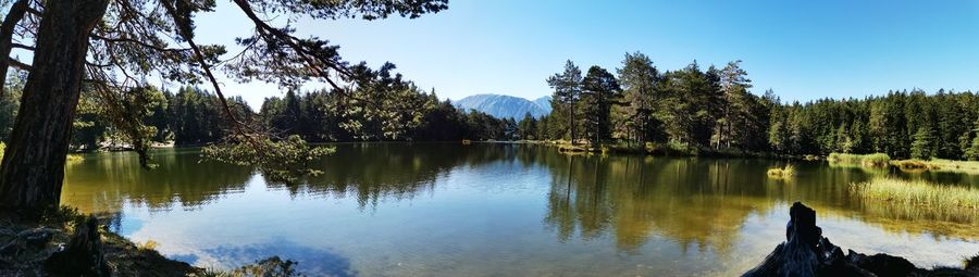 Scenic view of lake by trees against sky