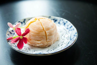 High angle view of ice cream in plate on table