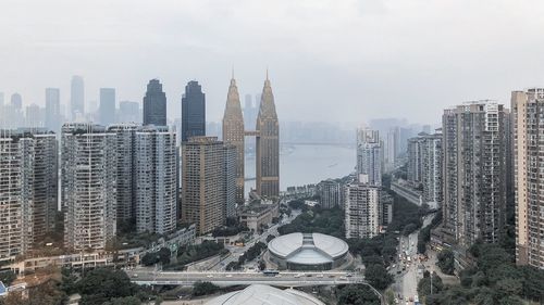 High angle view of buildings in city