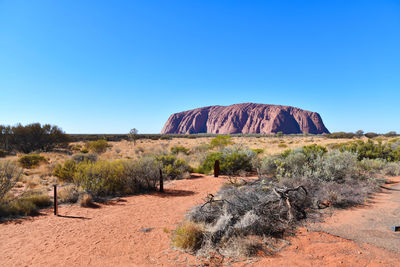 Scenic view of desert against clear blue sky