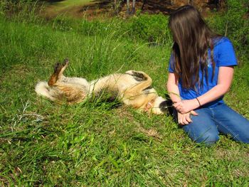 Girl playing with dog on grass