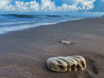 Surface level of pebble beach against sky