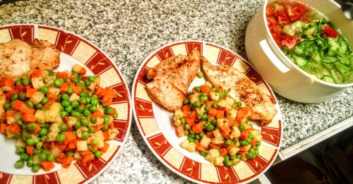 High angle view of meal served on table