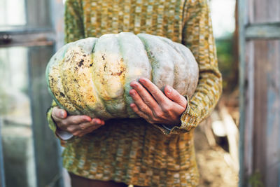 Young woman holding in hands big pumpkin crop yields collected from garden. thanksgiving preparation