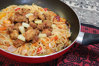 High angle view of food in cooking pan