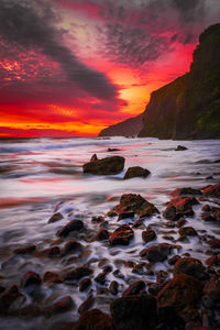 Scenic view of sea against dramatic sky