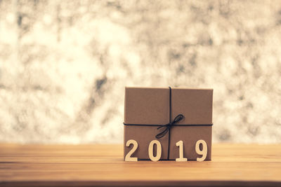 Close-up of christmas present on table