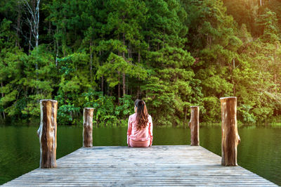 Rear view of woman sitting on pier over lake against trees