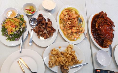 High angle view of food served on table