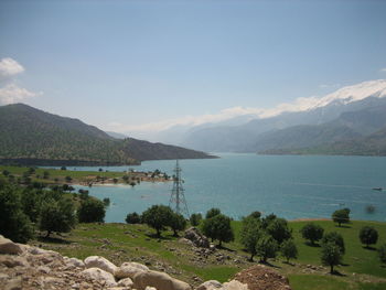 Scenic view of sea and mountains against sky