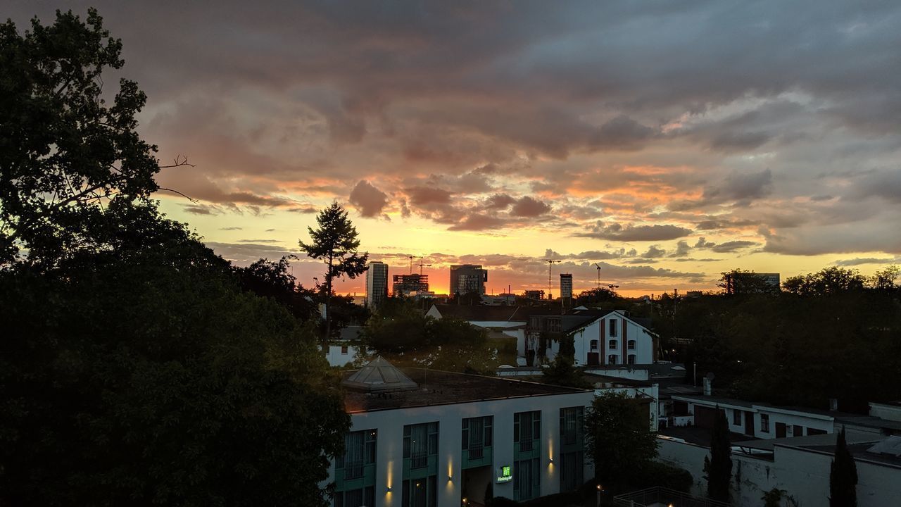 HIGH ANGLE VIEW OF SILHOUETTE TREES AND BUILDINGS AGAINST SKY