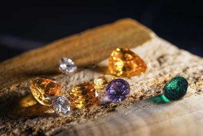 Close-up of wedding rings on table