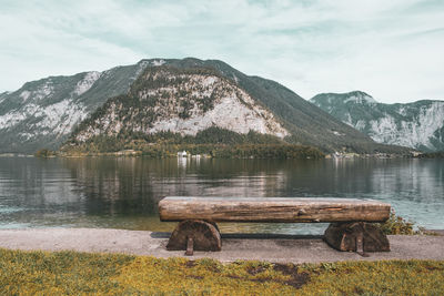 Scenic view of lake by mountains against sky