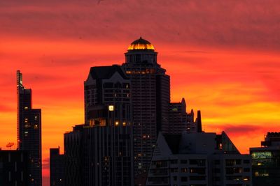 Buildings in city during sunset