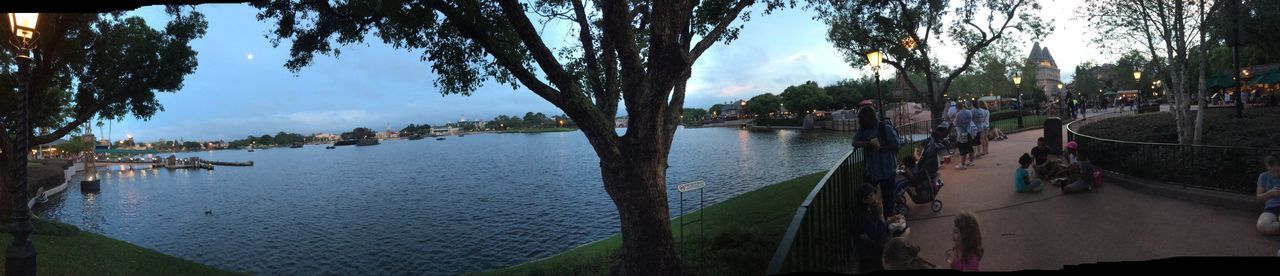 tree, outdoors, water, sky, panoramic, architecture, nature, day, built structure, growth, building exterior, city, large group of people, fish-eye lens, people