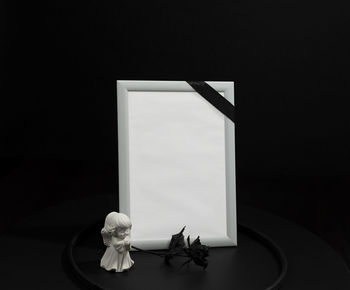 Close-up of white cat sitting on table against dark background