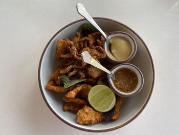 High angle view of breakfast served on table