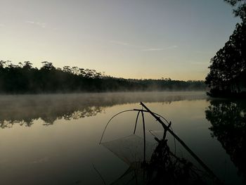 Scenic view of lake against sky at sunset