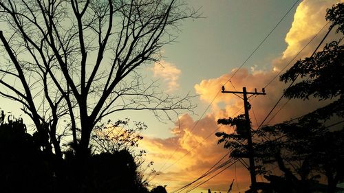 Low angle view of bare trees against cloudy sky