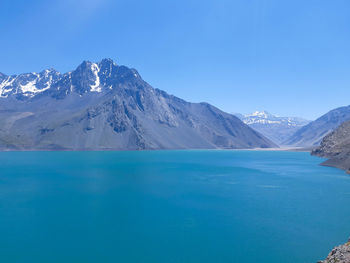 Scenic view of snowcapped mountains against clear blue sky