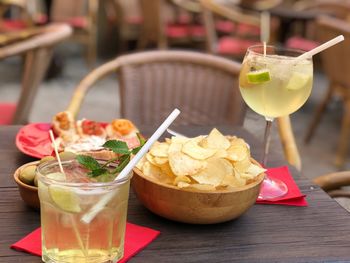 Close-up of food and drinks on table