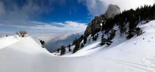 Scenic view of snowcapped mountains against sky