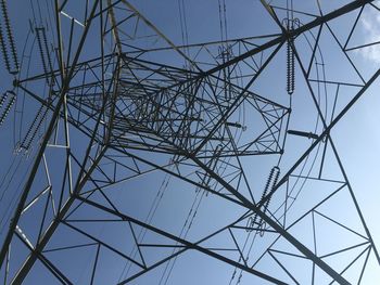 Low angle view of electricity pylon against clear sky