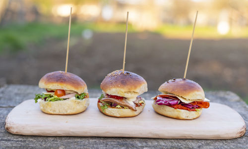 Close-up of burger on cutting board