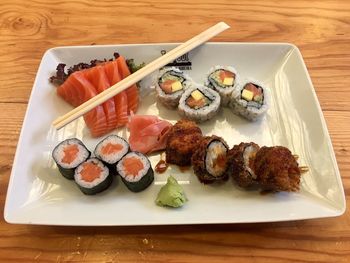 High angle view of sushi in plate