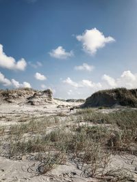 Scenic view of sandy beach against sky