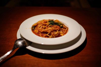 Close-up of food served on table