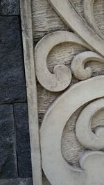 Close-up of sculpture on wooden building