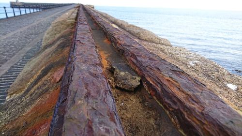 Close-up of sea shore against sky