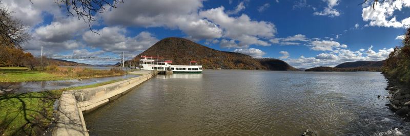 Scenic view of lake by building against sky