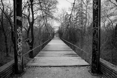 Walkway amidst bare trees against sky