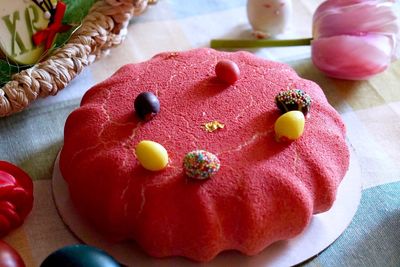 High angle view of cake on table