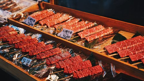 High angle view of meat for sale in market