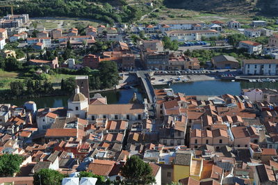 High angle view of houses in town