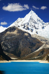 Scenic view of lake and snowcapped mountains against sky 