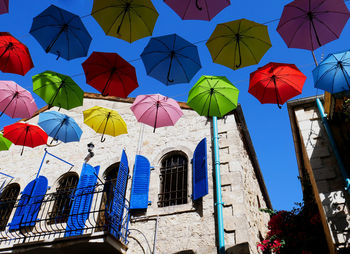 Low angle view of multi colored building against sky