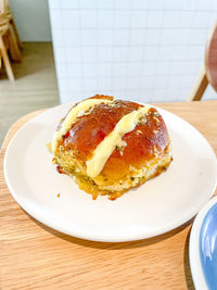 High angle view of cake in plate on table