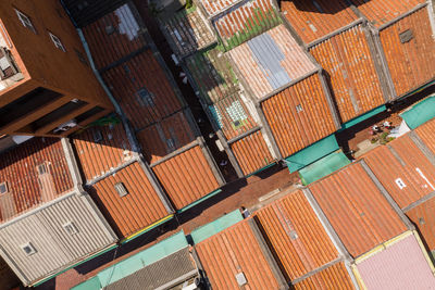 High angle view of multi colored building roof