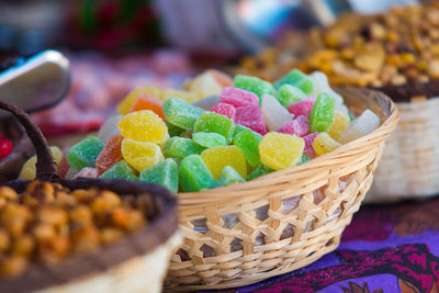Close-up of multi colored candies in market