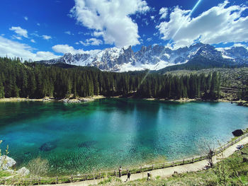 Scenic view of lake by trees against sky