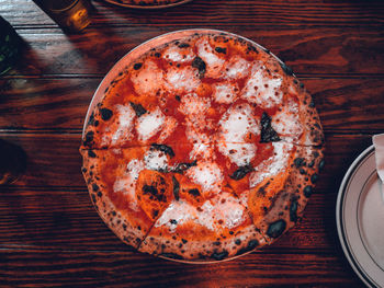 High angle view of pizza on table