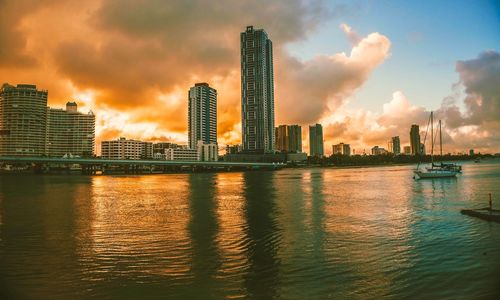 City at waterfront during sunset