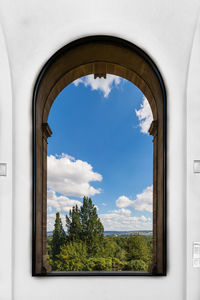 Trees against sky seen through window