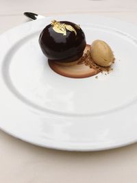 High angle view of cake in plate on table
