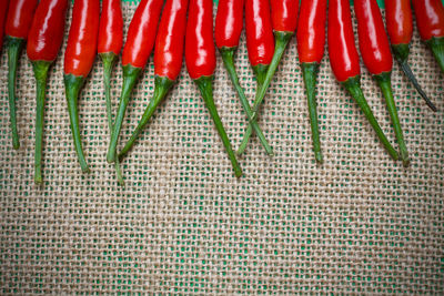 High angle view of red chili peppers