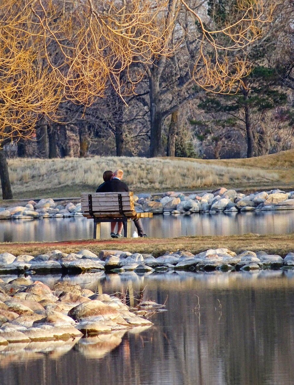 water, waterfront, reflection, lake, lifestyles, full length, leisure activity, tree, rear view, river, nature, built structure, men, standing, outdoors, tranquility, day, person